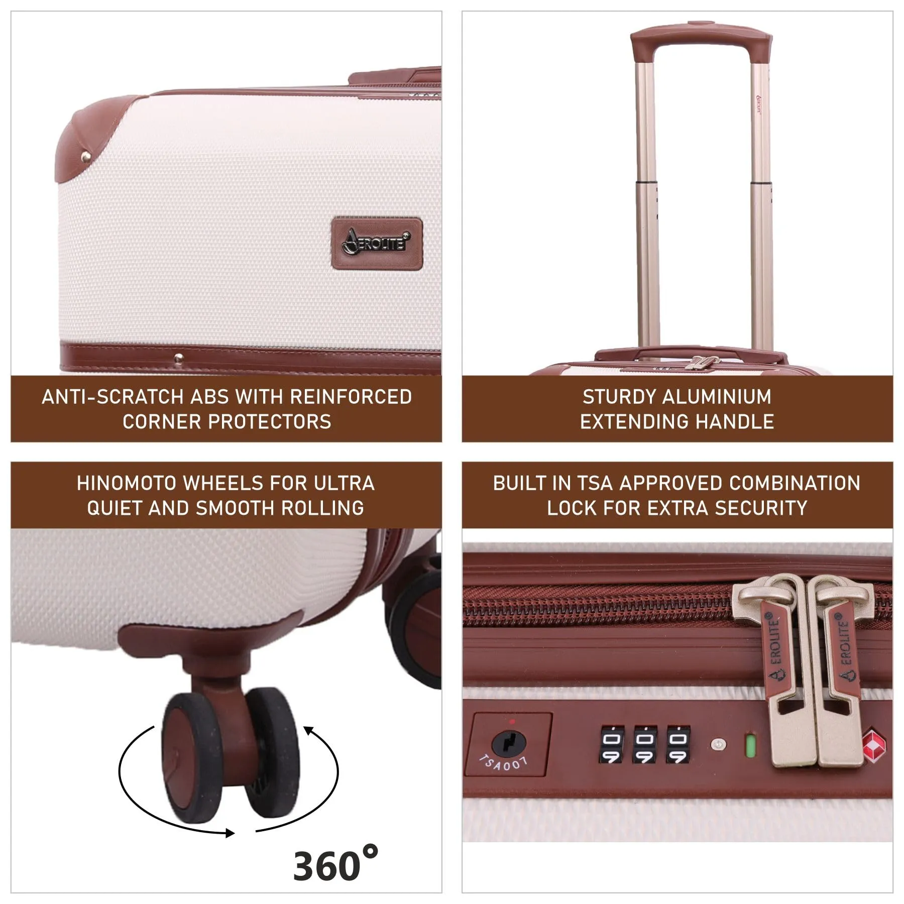 Aerolite Vintage Classic Retro Style Lightweight ABS Hard Shell Luggage With In-Built TSA Lock & Ultra Quiet Hinomoto 8-Wheels (Cabin 21", Medium 25", Large 29")