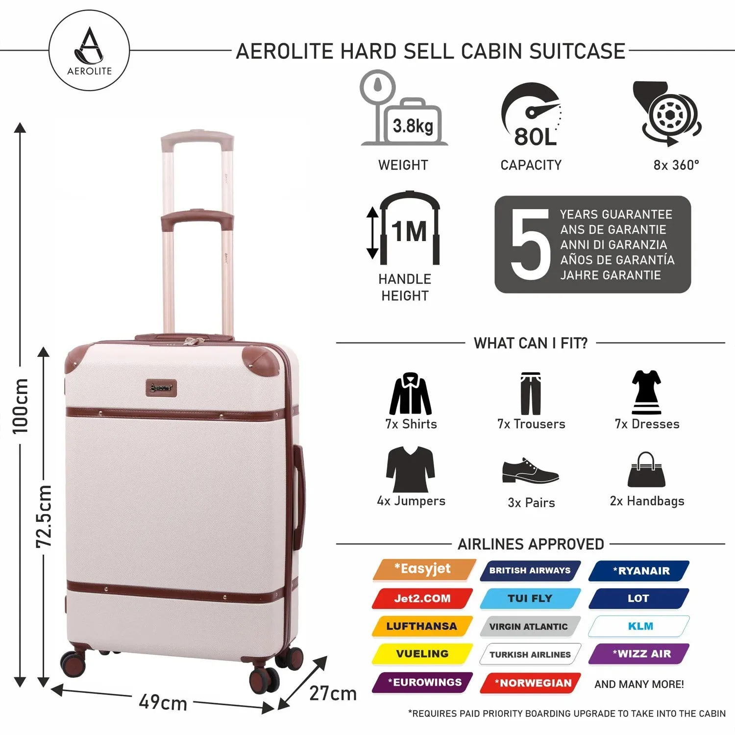 Aerolite Vintage Classic Retro Style Lightweight ABS Hard Shell Luggage With In-Built TSA Lock & Ultra Quiet Hinomoto 8-Wheels (Cabin 21", Medium 25", Large 29")