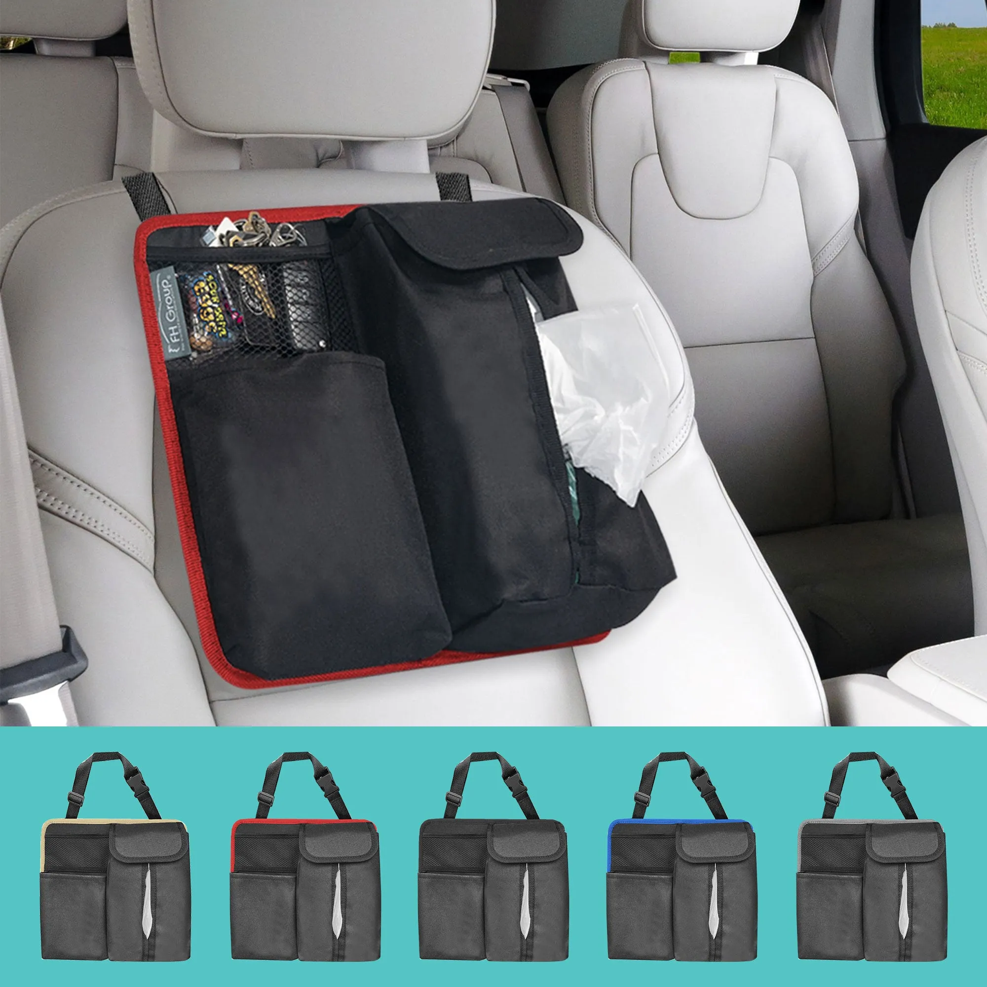 E-Z Travel Hanging Car Organizer with Tissue Dispenser Beige