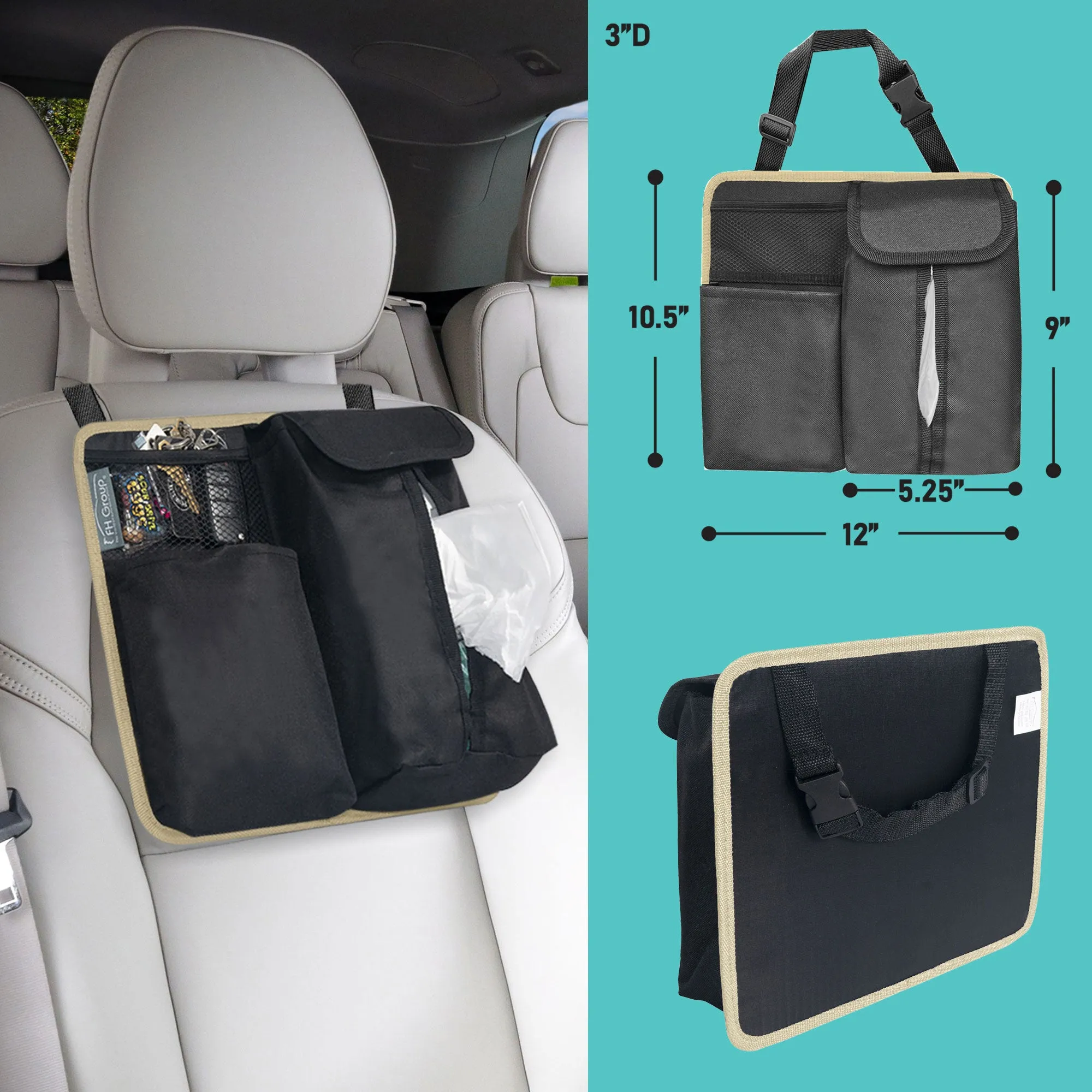 E-Z Travel Hanging Car Organizer with Tissue Dispenser Beige