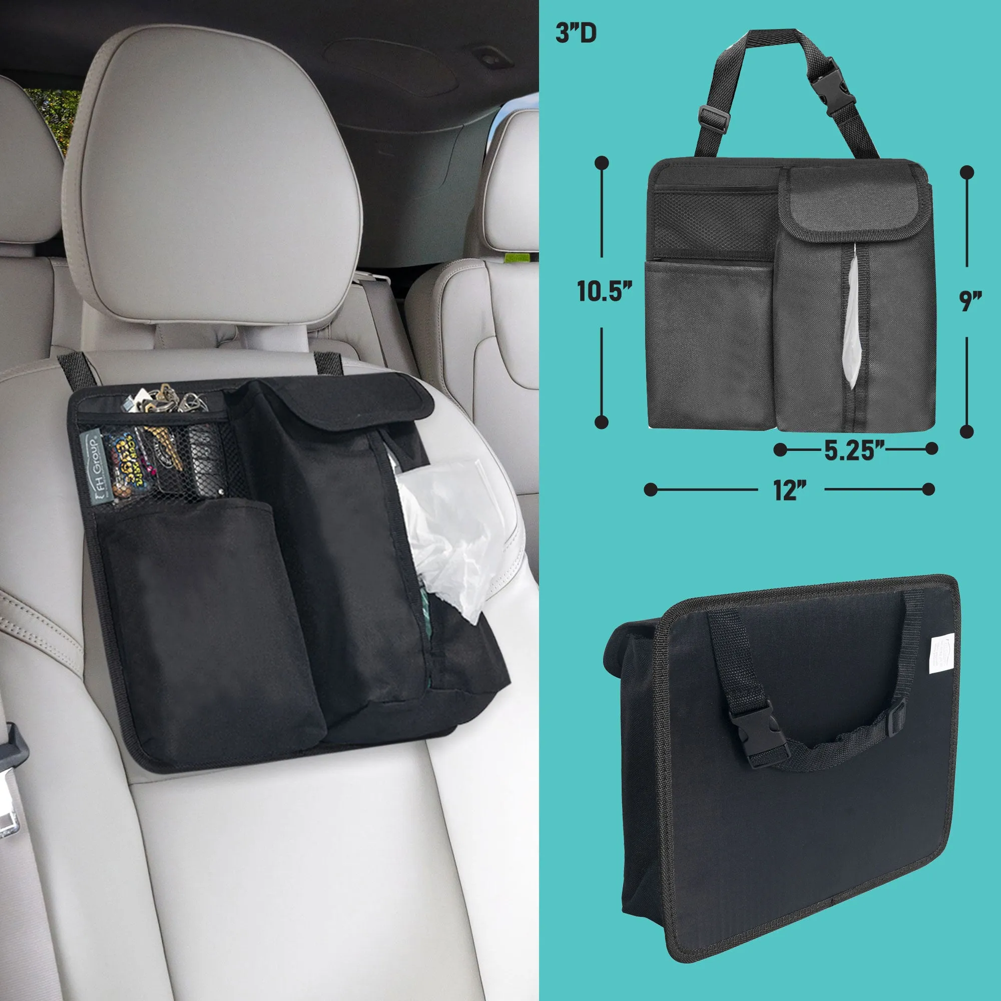 E-Z Travel Hanging Car Organizer with Tissue Dispenser Black