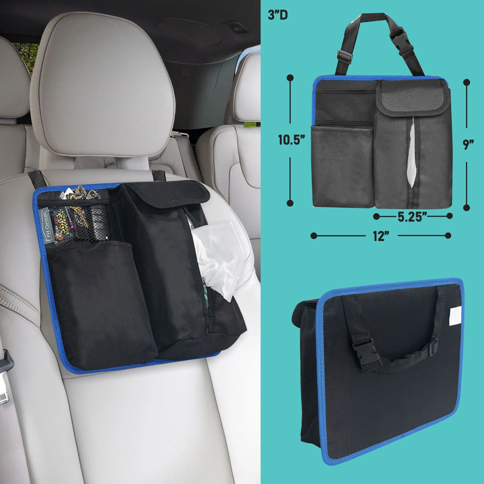 E-Z Travel Hanging Car Organizer with Tissue Dispenser Blue