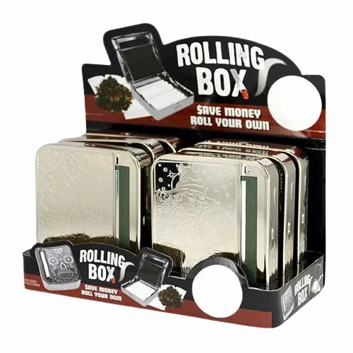 Metal Cigarette Rolling Box with Engraved Top - 6 Pieces Per Retail Ready Display 21502