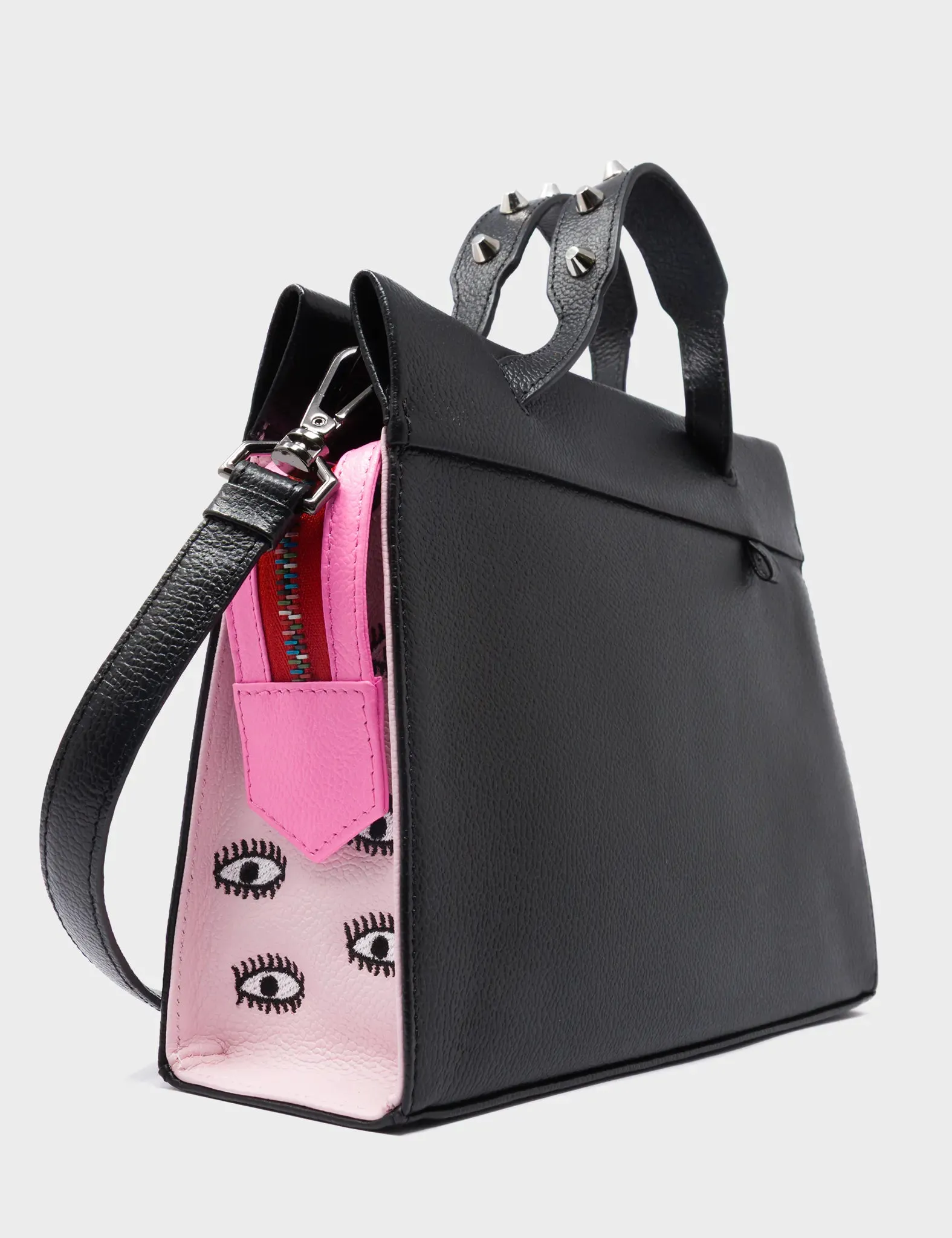 Vali Crossbody Small Parfait Pink And Black Leather Bag - All Over Eyes Embroidery