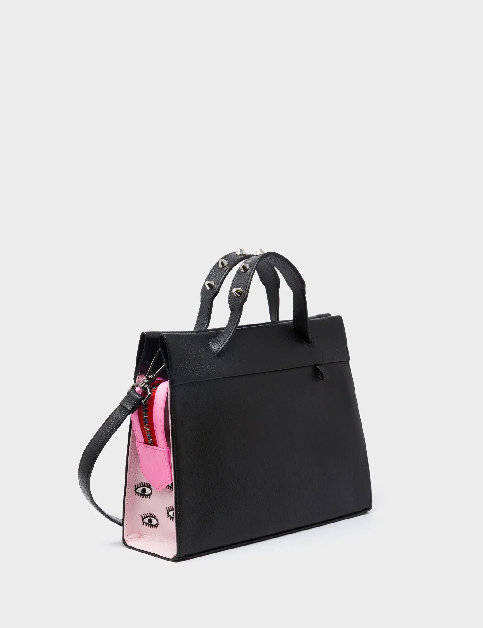 Vali Crossbody Small Parfait Pink And Black Leather Bag - All Over Eyes Embroidery